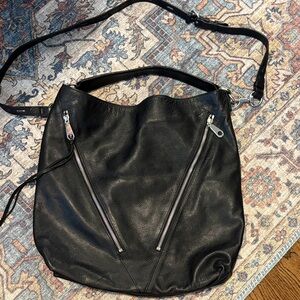 Rebecca Minkoff Black Pebbled Leather Shoulder Bag with Silver Zippers